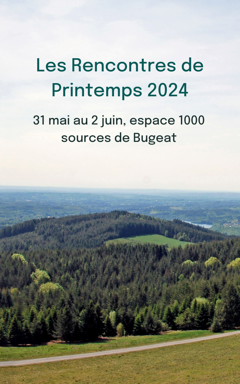 alliance-sante-planetaire-rencontres-printemps-2024 (1) Affiche des Rencontres de printemps 2024 de l'association Alliance Santé Planétaire se déroulant du 31 mai au 2 juin 2024 à l'Espace 1000 sources de Bugeat (France)